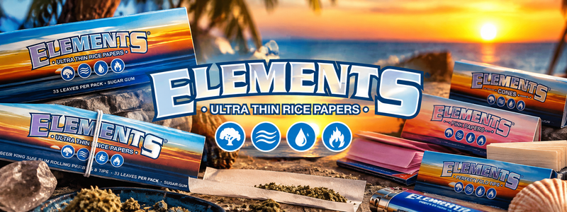 Banner editorial Elements con papeles y conos sobre un atardecer tropical