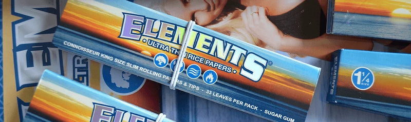 Portada Elements con empaques originales Ultra Thin Rice Papers en composición horizontal
