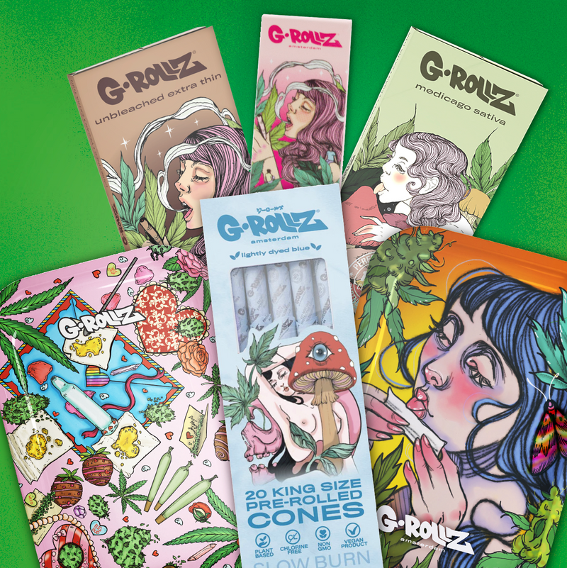 Colección G-Rollz: papeles para liar, conos prearmados y accesorios ilustrados de la marca de Ámsterdam.