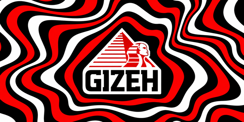 Banner Gizeh rojo negro y blanco con logo central y diseño de ondas inspirado en bandeja Gizeh