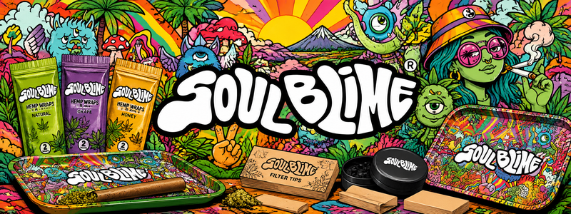 Banner Soulblime psicodélico horizontal con logo blanco destacado y accesorios