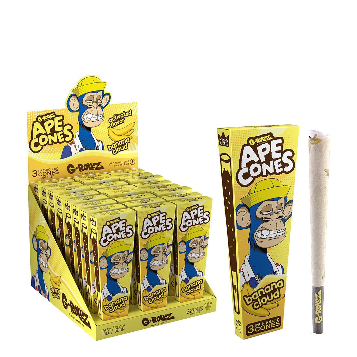 Conos G-Rollz Ape Banana Cloud Pop — paquete de 3. Venta individual; imagen de referencia del proveedor.