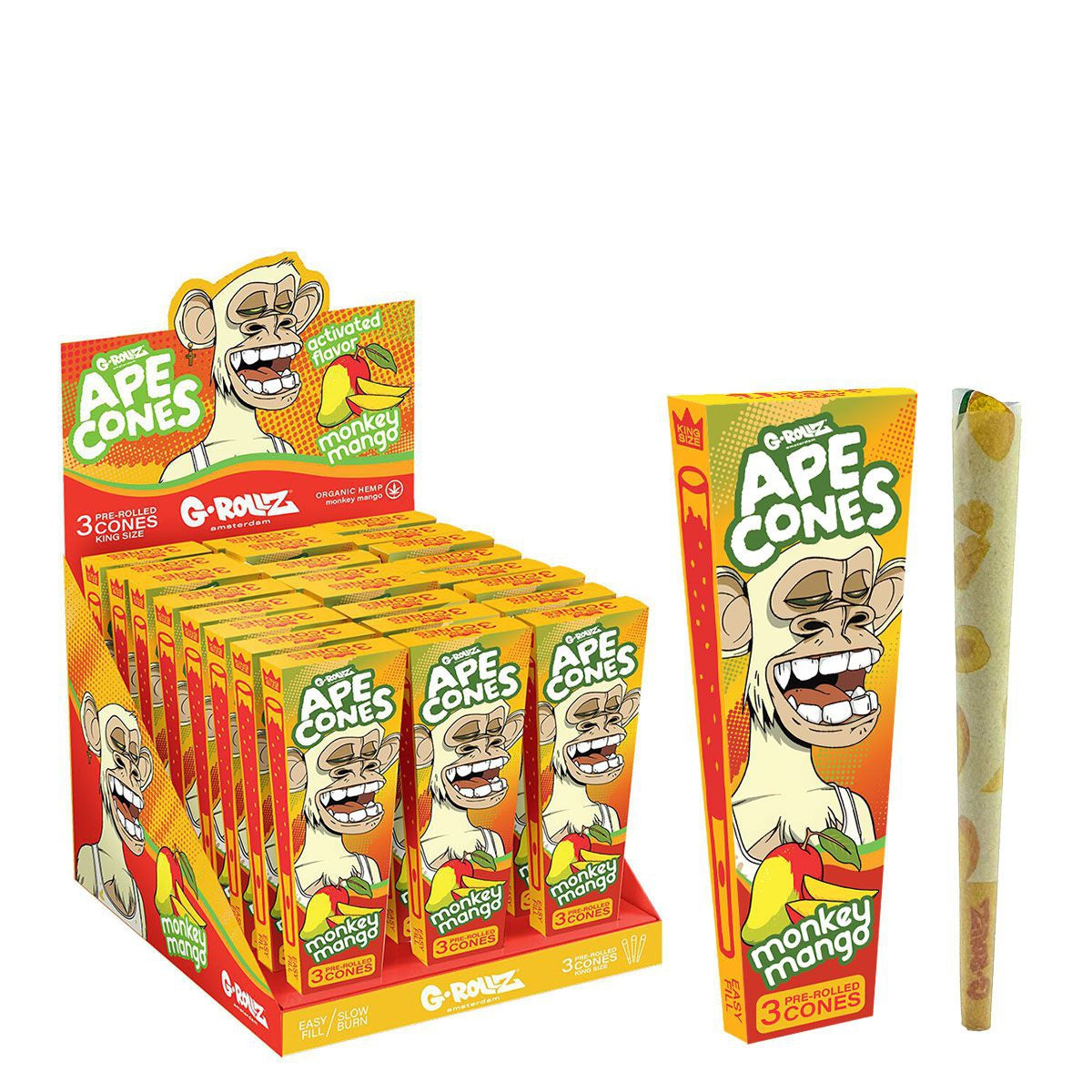 Conos G-Rollz Ape Monkey Mango Pop — paquete de 3. Venta individual; imagen de referencia del proveedor.