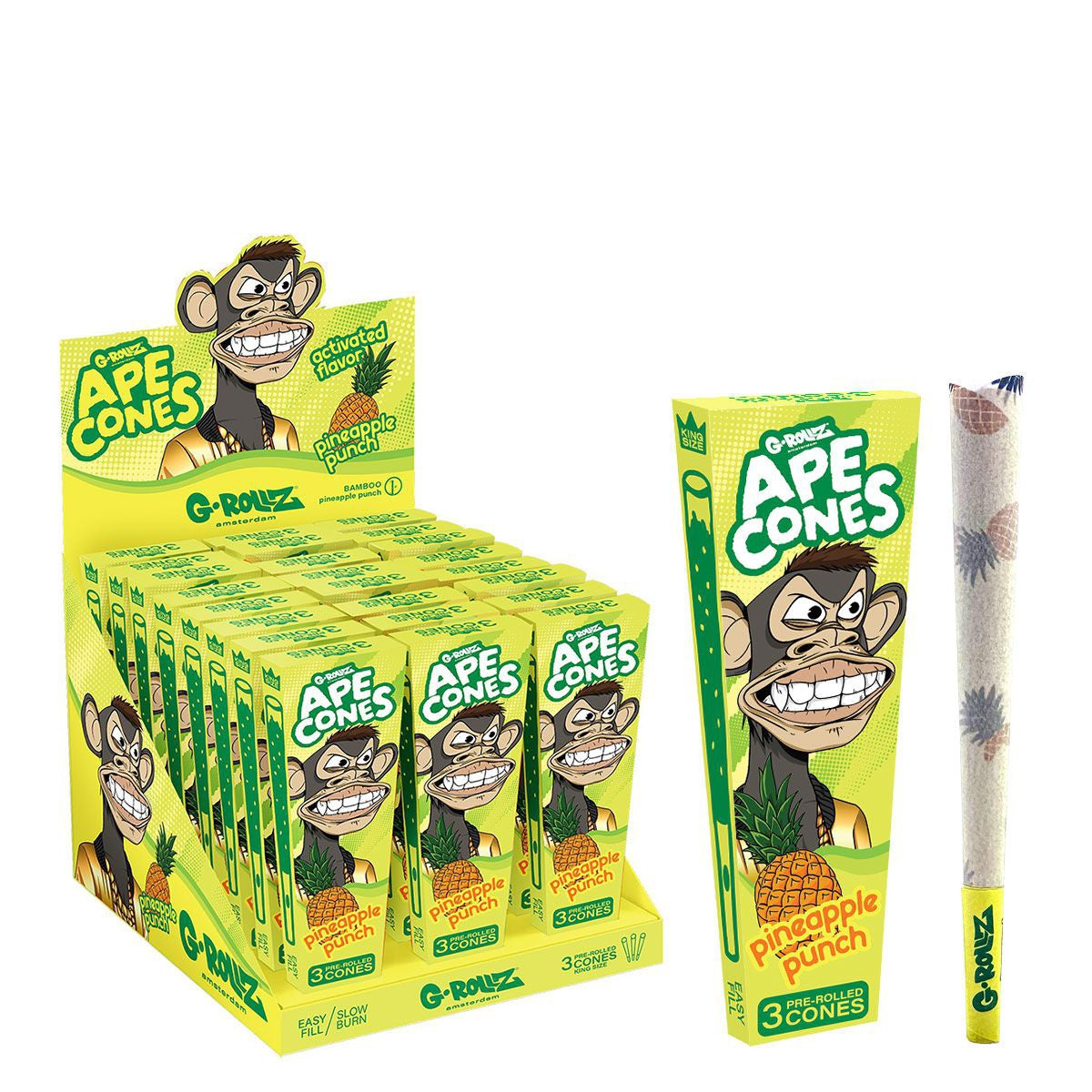 Conos G-Rollz Ape Pineapple Punch Pop — paquete de 3. Venta individual; imagen de referencia del proveedor.