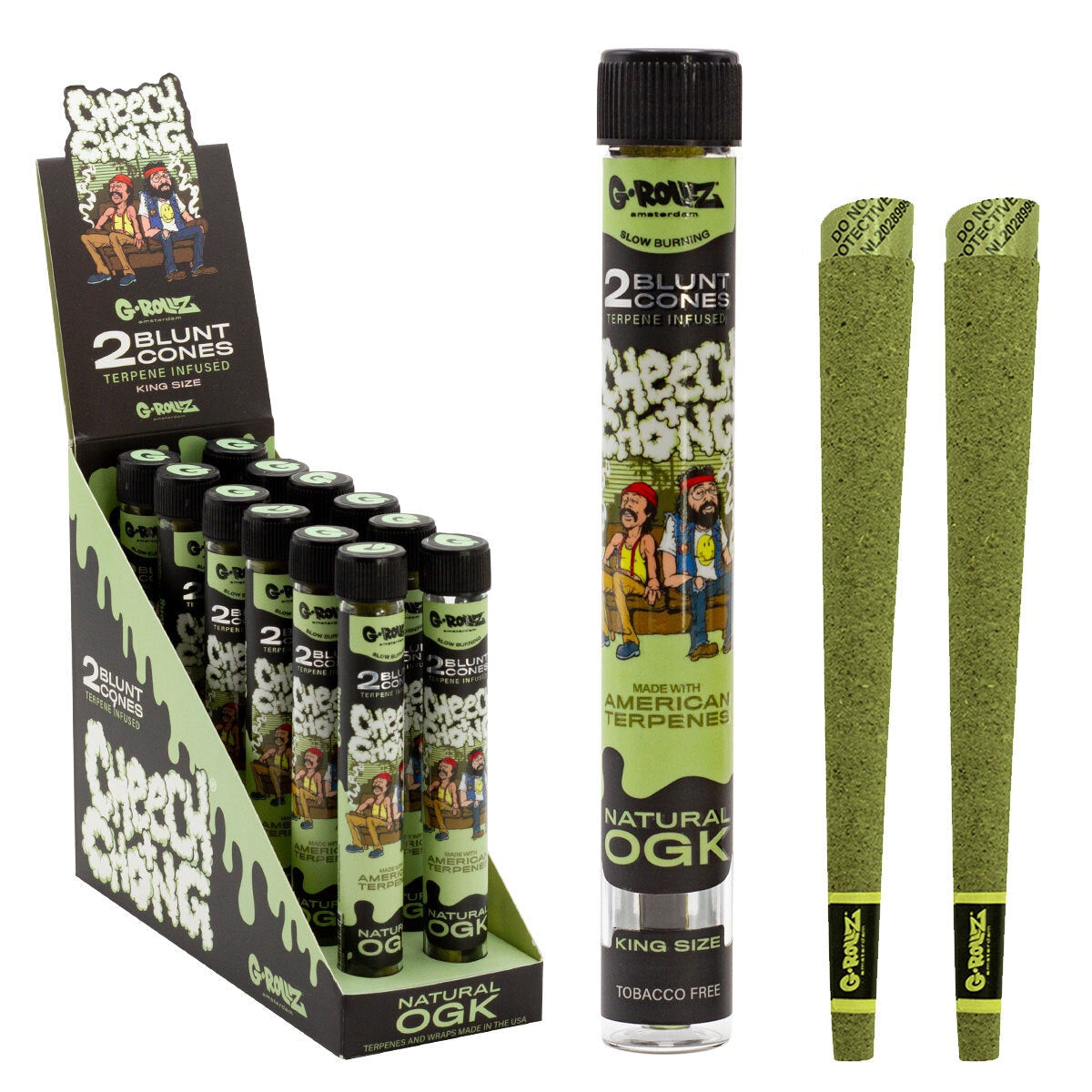Conos G-Rollz Cheech & Chong Natural OGK con terpenos — paquete de 2. Venta individual; imagen de referencia del proveedor.