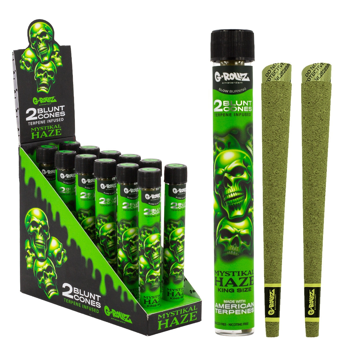 Conos G-Rollz Mystikal Haze con terpenos — paquete de 2. Venta individual; imagen de referencia del proveedor.