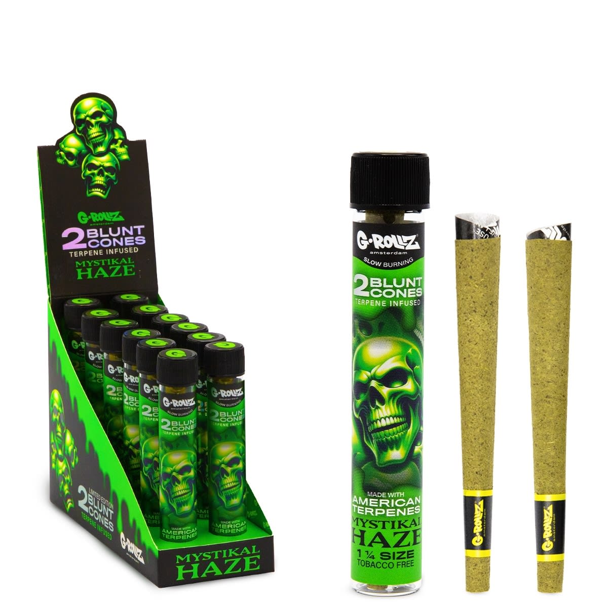 Conos G-Rollz Mystikal Haze 1¼ con terpenos — paquete de 2. Venta individual; imagen de referencia del proveedor.