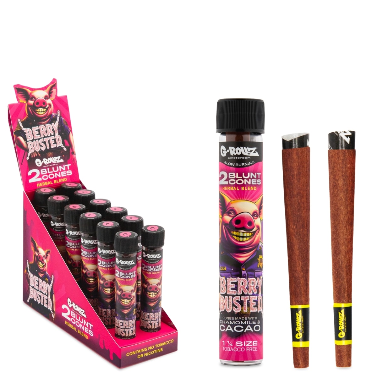 Conos G-Rollz Berry Busted 1¼ con terpenos — paquete de 2. Venta individual; imagen de referencia del proveedor.