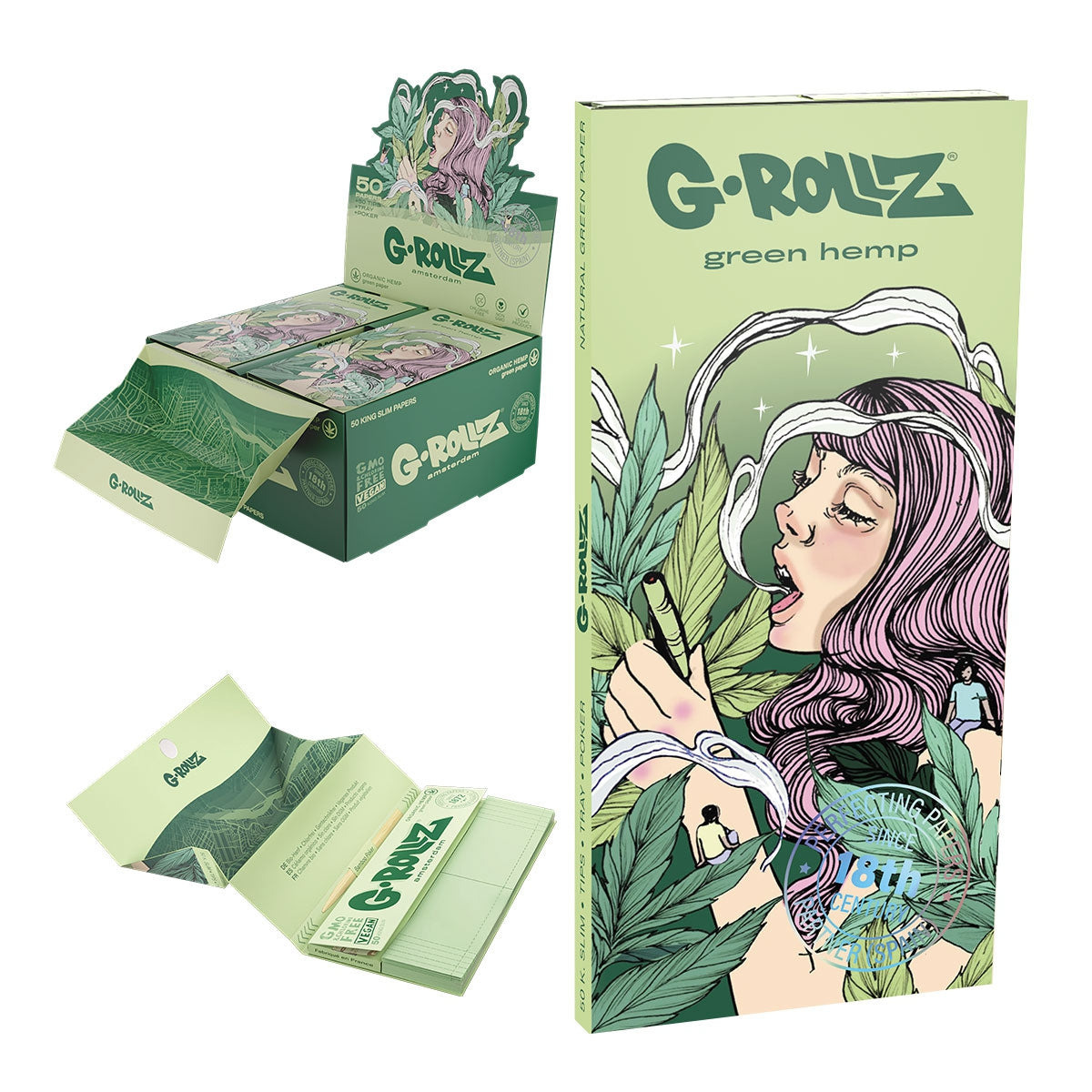 Papeles G-Rollz Collector Colossal Dream cáñamo orgánico King Size Slim — 50 papeles + boquillas y bandeja. Venta individual; imagen de referencia del proveedor.