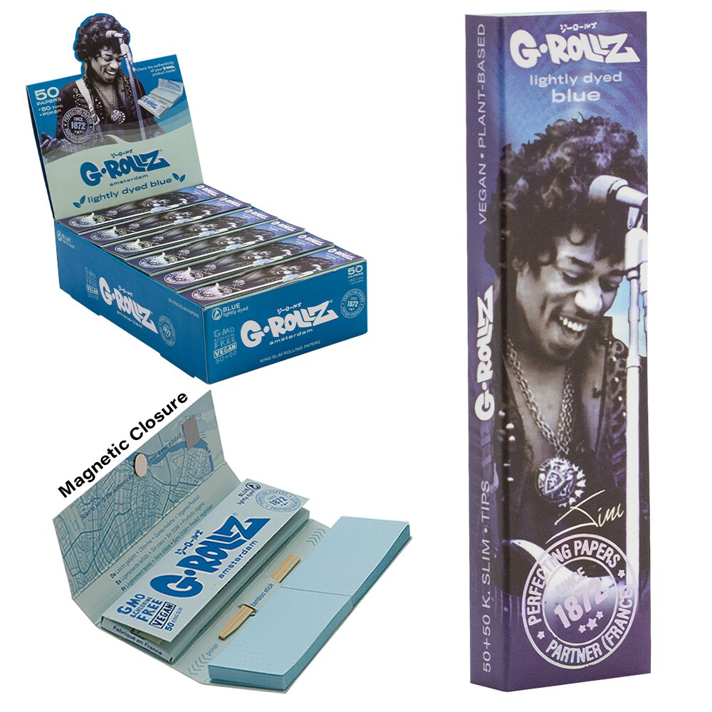 Papeles G-Rollz Blue Spark sin blanquear King Size Slim — 50 papeles + boquillas. Venta individual; imagen de referencia del proveedor.