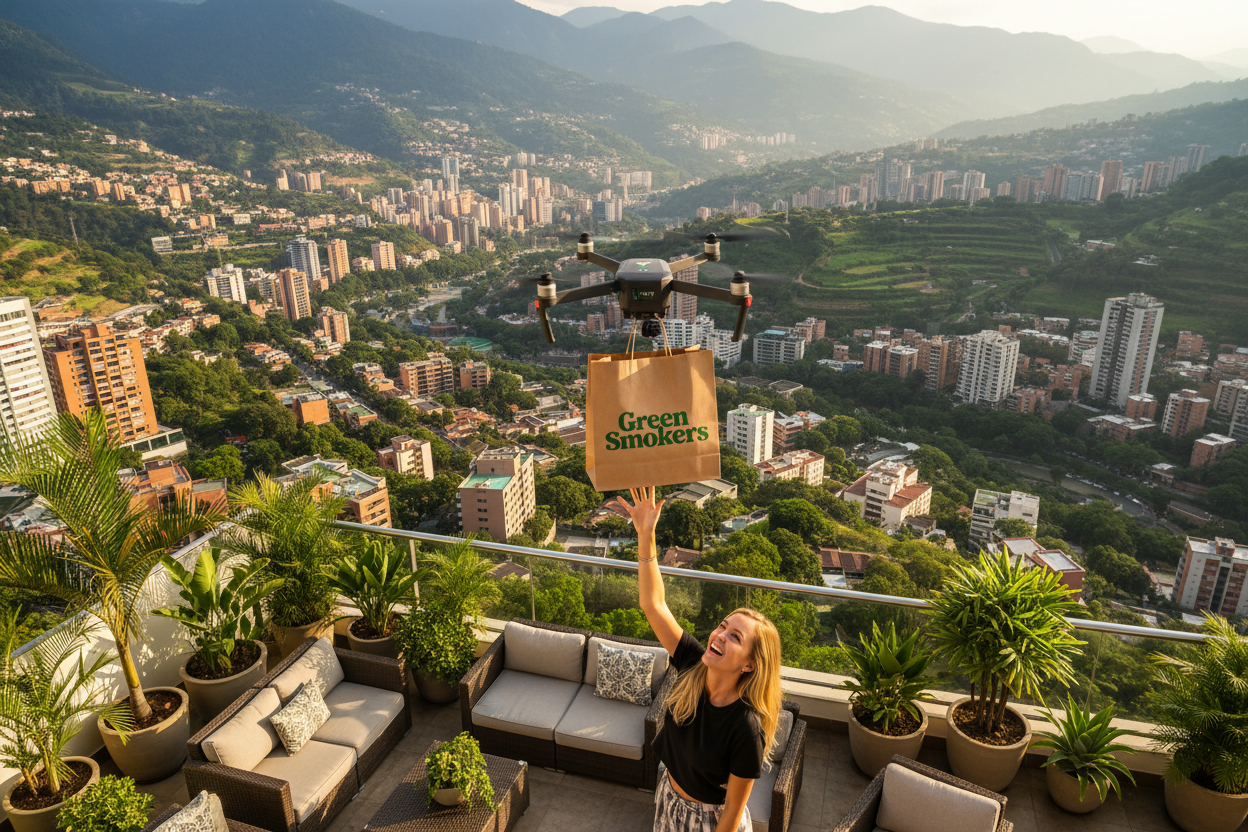 una chica rubia en una terraza de medellin recibiendo una bolsa de papel que dice Green Smokers visto desde un ángulo alto en perspectiva y se vea la ciudad de fondo con sus edificios montañas y ciudad  
