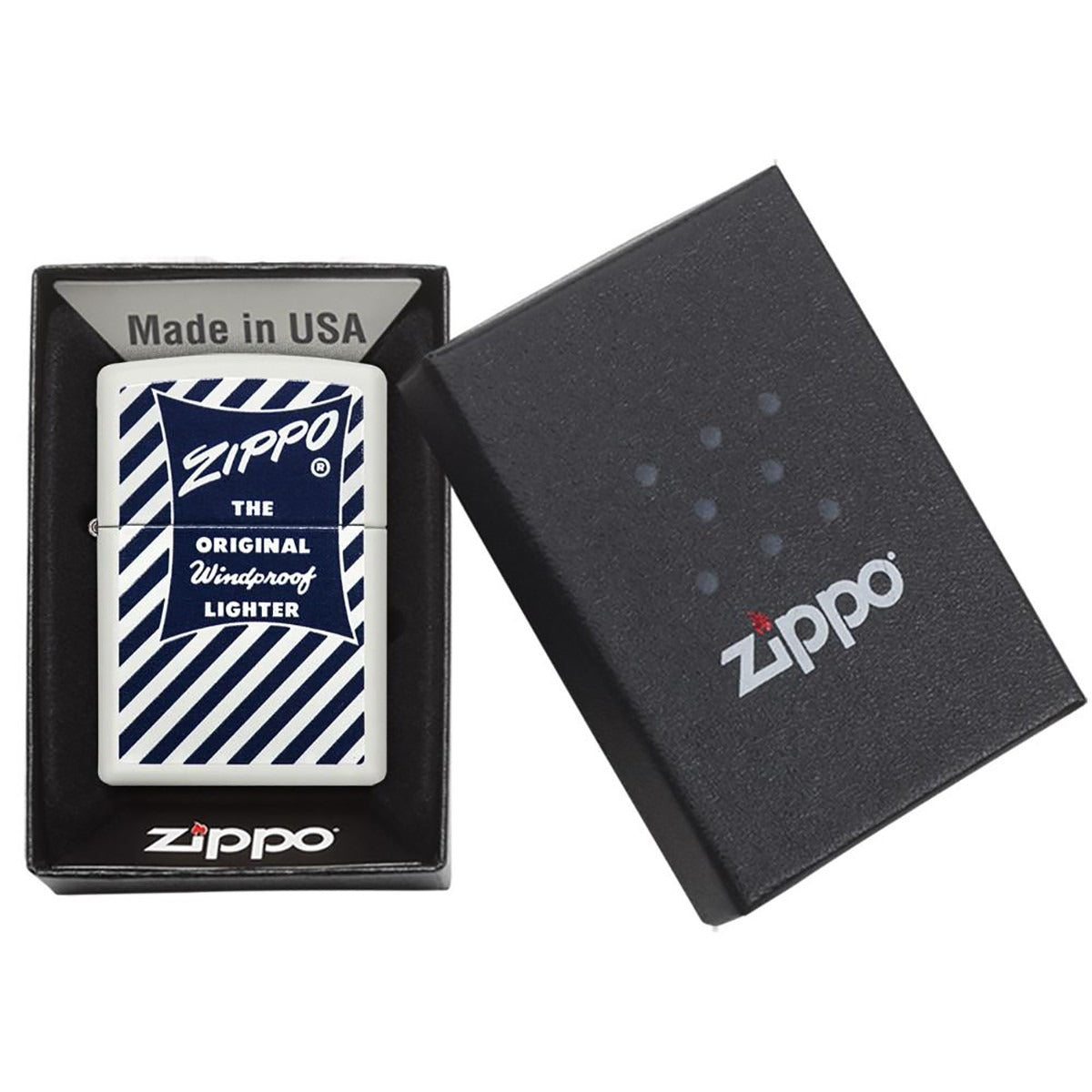 29413 Zippo Blanco Mate con Rayas Logo Azul